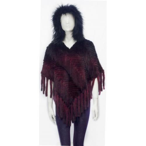Winter Fur Burgundy Dip Dyed Knitted Mink Poncho With Fox Trimmed Hood